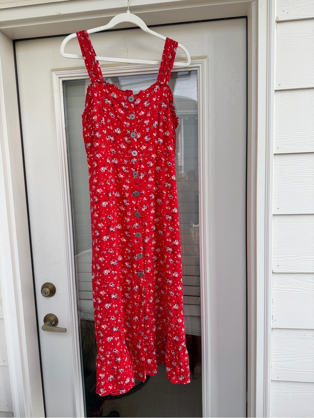 Red Floral Button-Front Midi Dress